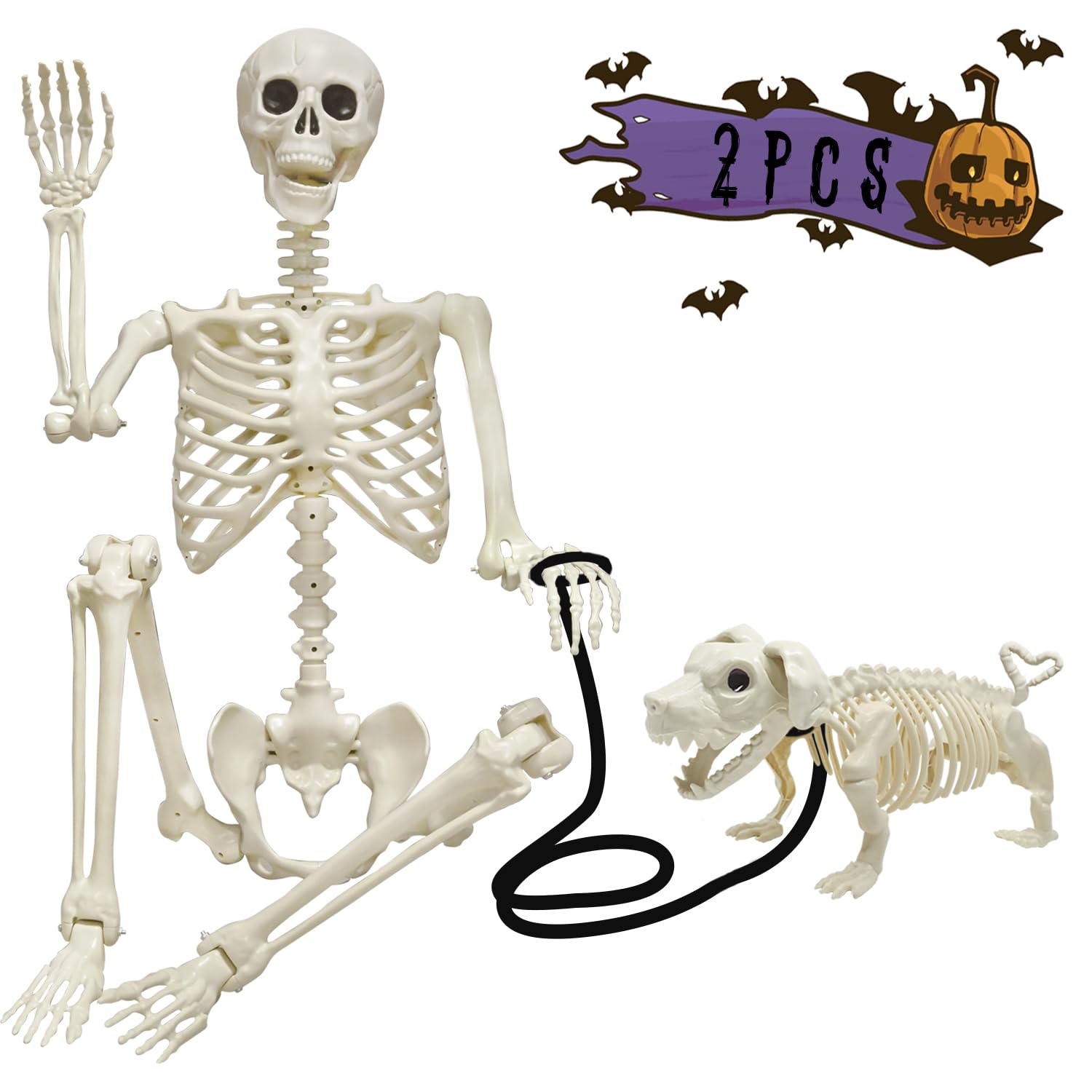 Photo 1 of LUKBERA Halloween Skeleton Decorations, 5.4ft Life Size Posable Skeleton with Dog Skeleton, Full Size Plastic Human Bones with Movable Joints for Haunted House Graveyard Decor