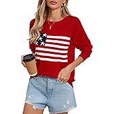 Allifewithu Women's Lightweight Thin Knit Sweater Long Sleeve Crew Neck American Flag Pullover Sweaters