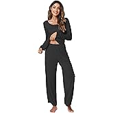 GYS Women's Pajama Sets Viscose from Bamboo Lace Trim Long Sleeve Sleepwear Soft Pjs Lounge Sets with Pockets