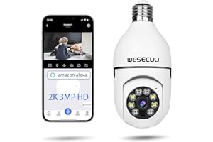 WESECUU Light Bulb Security Camera 2.4GHz WiFi 2K Security Cameras Wireless Outdoor Motion Detection and Alarm,Two-Way Talk,Color Night Vision,Human Detection, Bulb Camera Compatible with Alexa (2K) (1)