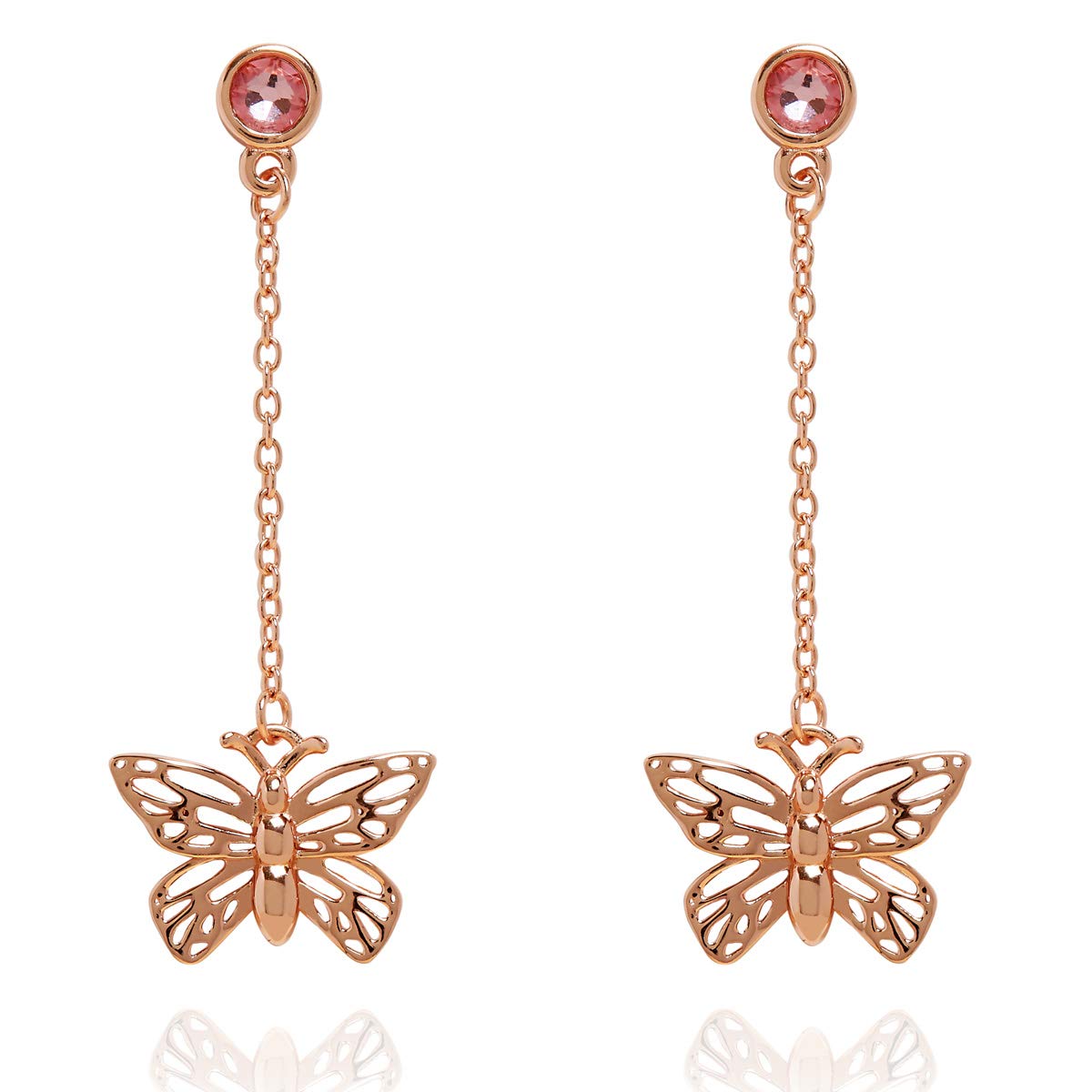 Annie Oak Womens 925 Silver 18K Rose Gold Butterfly Crystal Drop Earrings