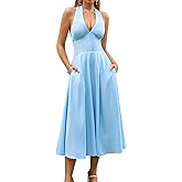 GLNEGE Floral Halter Corset Midi Sun Dress V Neck Bow Tie Smocked Back Flowy Wedding Guest Dresses for Women with Pockets