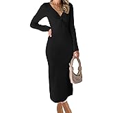 RAISECOM Womens Ribbed Knit Maxi Dresses Long Sleeve V Neck Casual Sweater Dress Bodycon Midi Dress