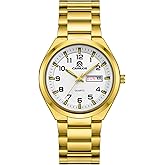 CAINUOS Quartz Watch, Gold Stainless Steel Bracelet, Day and Date Display,Gold Watches for Men,Easy Reading Analog Watch with Stainless Steel Band and Clasp,Water Resistant