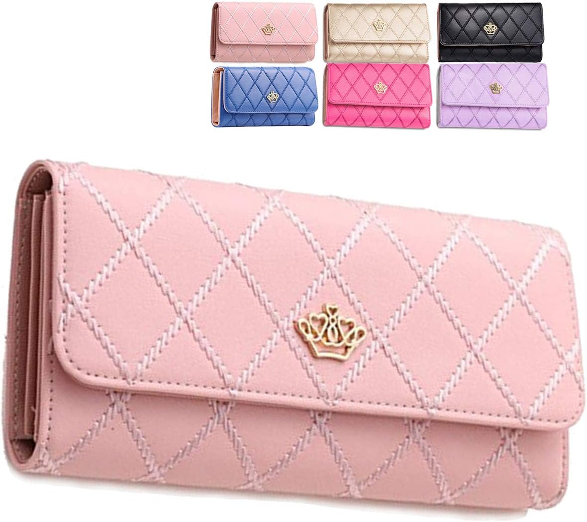 ZhengYue PU Leather Wallet Crown Wonem Ladies Girls Purse,Long Fashion Crown Female'sHandbag Money Bag Pink