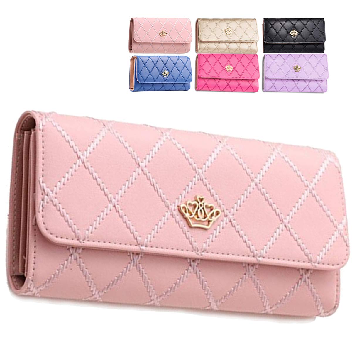 ZhengYue PU Leather Wallet Crown Wonem Ladies Girls Purse,Long Fashion Crown Female'sHandbag Money Bag Pink