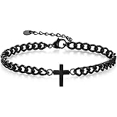 Cross Chain Bracelets for Men Women, Silver/Black Stainless Steel Cross Charms Men's Bracelet, Faith Religious Easter Catholic Christian God Jesus Communion Baptism Jewelry Gift Mens Link Bracelet