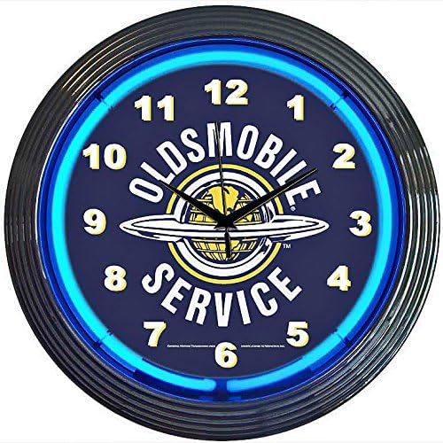 Oldsmobile Icon Service Wall Clock-Real Neon (not LED), Garage, Office, Blue, Glass, 38cm diameter x 8cm depth