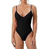 Silkglory One Piece Bathing Suit for Women Solid Ribbed Knit V Neck Low Back,Push Up Tummy Control Black One Piece Swimsuit