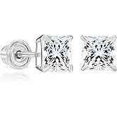 Solid 14k White Gold Solitaire Square Princess-cut CZ Stud Earrings with Screw-back