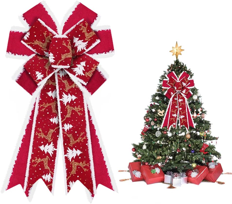 Bows & Ribbons - Hying Large Christmas Bows for Wreath, Red Velvet Wreath Bows for Xmas Décor Glitter Christmas Tree Winter Red Bow for Front Door Indoor Outdoor Wall Tree Topper Decoration Supplies Christmas Ornament