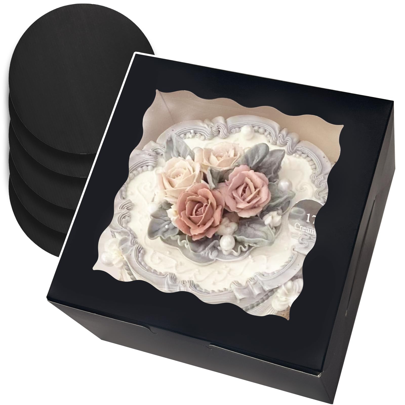 Gcardist 20.3x20.3x12.7cm Cake box, 5 sets of black cake cardboard with window and 5 sets of 20.3cm round black cake boards, 20.3cm cake containers (8x8x5 inches)