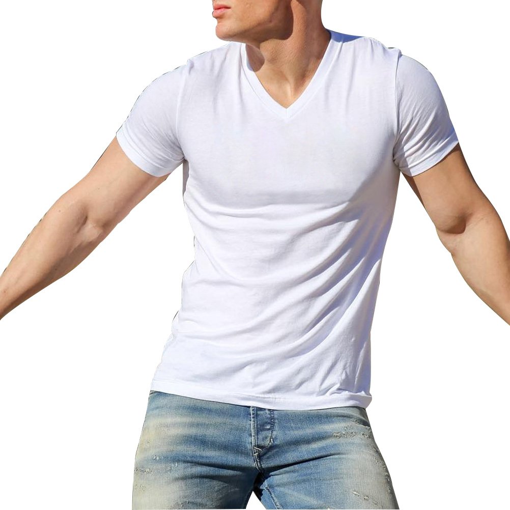 Mens Retro V-Neck String Tee Gym Workout Fitness String Slim Muscle Short Sleeve T-Shirt