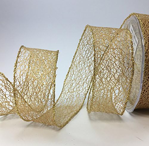 RP RIBBON Wire edge gold lurex ribbon with lace effect 40mm x 1 Metre cut from roll