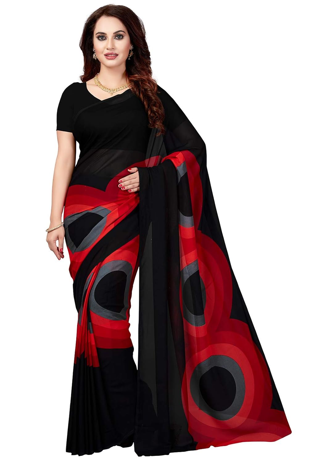 ishin georgette saree with blouse piece (ishinsmnth-48038_black & red_one size)