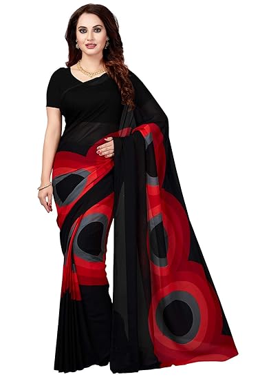 Poly Georgette Black & Red Printed Womens Saree/Sari