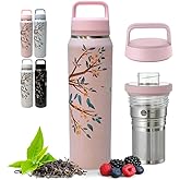 Farasi Loose Leaf Tea Infuser Bottle Wide Mouth Coffee, Fruit, Insulated Stainless Steel Water Bottle Infuser Tumbler - Leakproof Built In Handle Travel Mug Pink Floral 24 oz