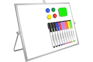 RIANEAN Dry Erase White Board, 16inX12in Large Magnetic Desktop Whiteboard with Stand, 10 Markers, 4 Magnets, 1 Eraser, Portable Double-Sided White Board Easel Memo to Do List Desk School