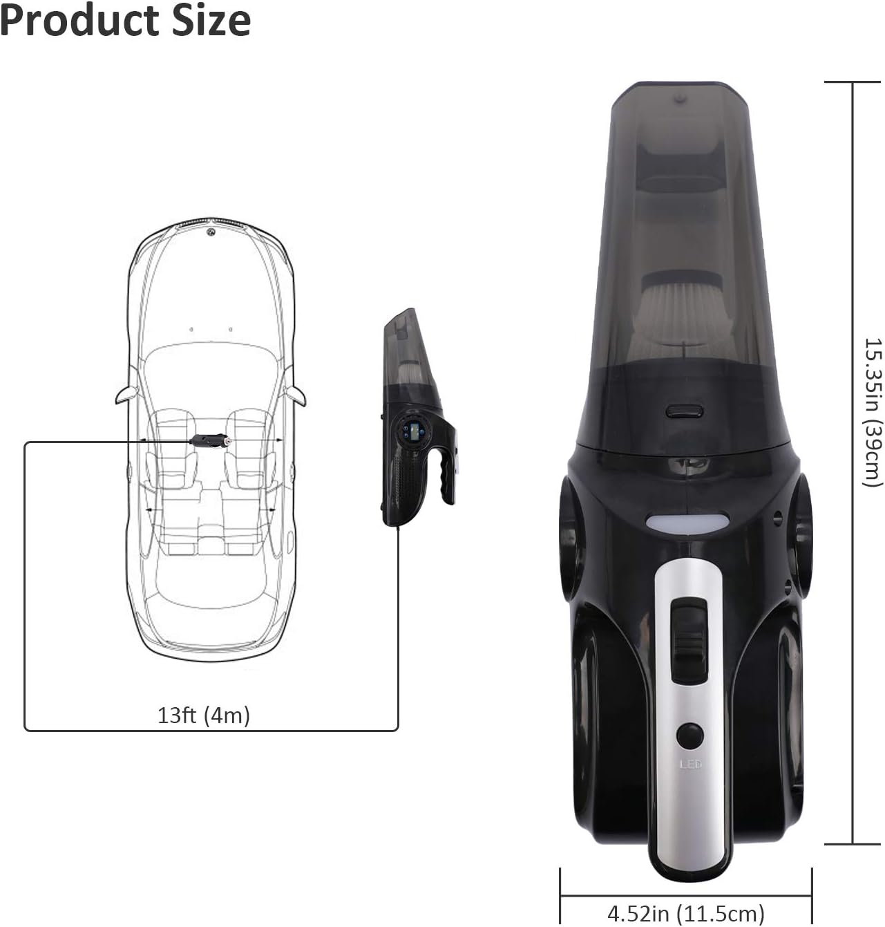 Qukpa 4 in 1Portable Car Vacuum Cleaner Air Compressor Tire Inflator with Digital Tire Pressure Gauge LCD Display DC12V High Power 6000PA Handheld Car Vacuum with LED Light for Wet and Dry Use: Automotive