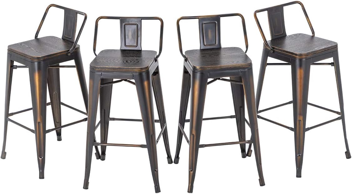 HAOBO HomeDistressed Golden Bar Stools Industrial Metal Barstools Counter Height Stools Dining Chair Set of 4 (Low Back Distressed Golden Black with Wood, 26")