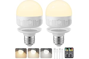 SCOPOW 2Packs E26 Rechargeable Light Bulbs with Remote Control, 5W 350lm Magnetically Battery Operated Light Bulbs 2000mAh, 3 Color Temperature, Timer, Dimmer for Non-Hardwired Lamp