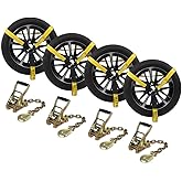 Mytee Products (4 Pack) 2" x12' Car Tie Down Ratchet Lasso Straps with Chain Anchor - 3, 333 LBS WLL - Car Hauler Tire Straps for Trailers - Tie Down for UTV, Trucks, ATV
