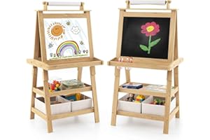 Costzon Kids Art Easel, 3 in 1 Double-Sided Painting Easel w/Magnetic Whiteboard, Chalkboard & Paper Roll, 2-Tier Storage Rac