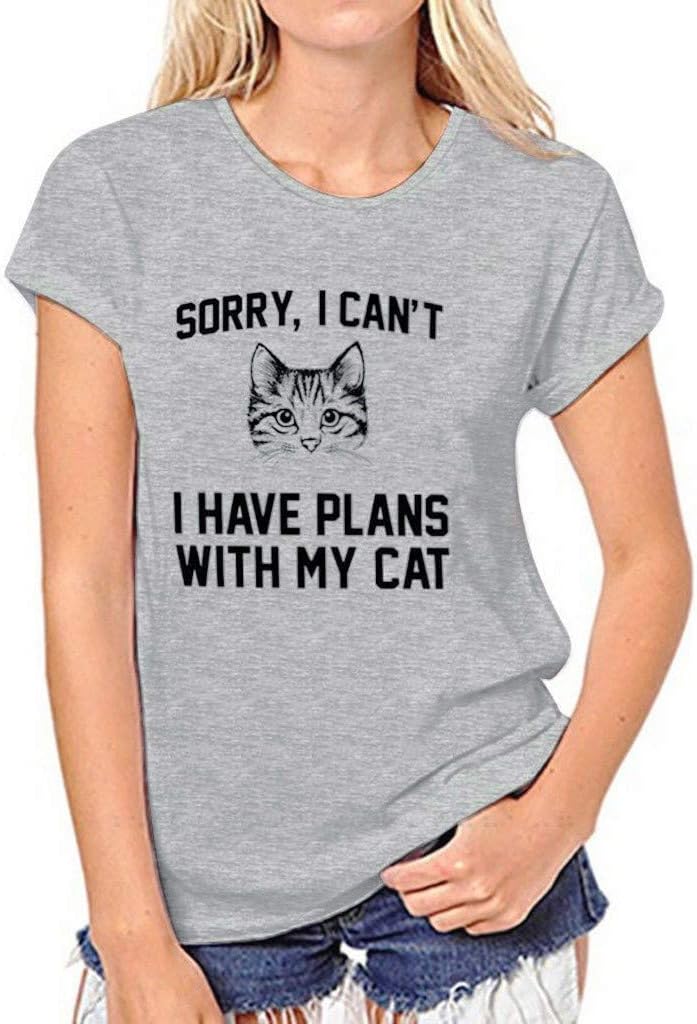 Sunday77 Sorry I Can't I Have Plans with My Cat Women Girl Summer Casual Crewneck Print Tops Tee Shirts Blouse