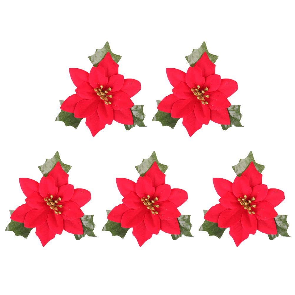 Holibanna 5 Pcs Christmas Artificial Poinsettia Flowers Christmas Tree Flowers Ornaments Xmas Wreath Decoration (Red)
