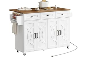 HOOBRO Kitchen Island with Drop Leaf, Rolling Kitchen Island with Storage and Power Outlet, Kitchen Cart with 3 Drawers and A