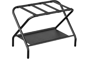 Smuxee Black Luggage Rack, Foldable Suitcase Stand with Fabric Storage Shelf, Luggage Holder with 4 Nylon Straps for Guest Room Bedroom Hotel