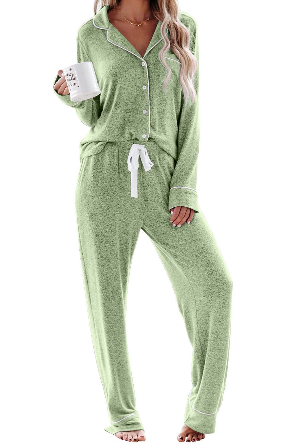 Aamikast Pajama Set for Women Button Down Soft Long Sleeve Pjs Sleepwear Sets (Light Green,S) Image Aamikast Pajama Set for Women Button Down Soft Long Sleeve Pjs Sleepwear Sets (Light Green,S) Image