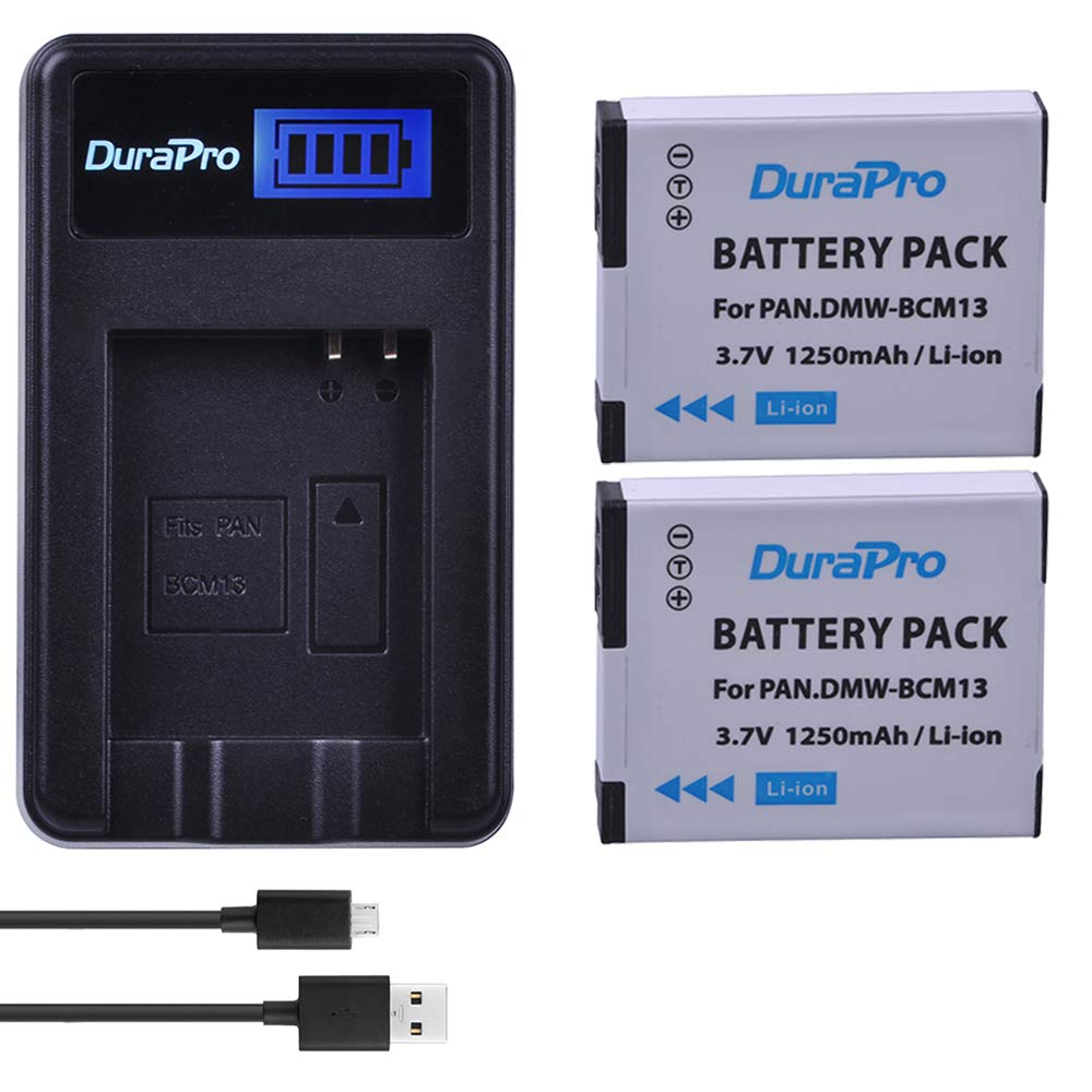 DuraPro 2 Packs 1250mAh DMW-BCM13 Battery + LCD USB Charger for Panasonic Lumix DC-TS7,DMC-FT5A, LZ40, TS5, TS6, TZ40, TZ41, TZ55, TZ60, ZS27, ZS30, ZS35, DMC-ZS40, DMC-ZS45, DMC-ZS50 Digital Cameras