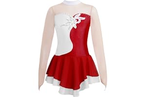 Oyolan Kid Girls Mock Neck Mesh Splice Roller Ice Figure Skating Dress Leotard Ballet Dance Wear Outfit Costumes