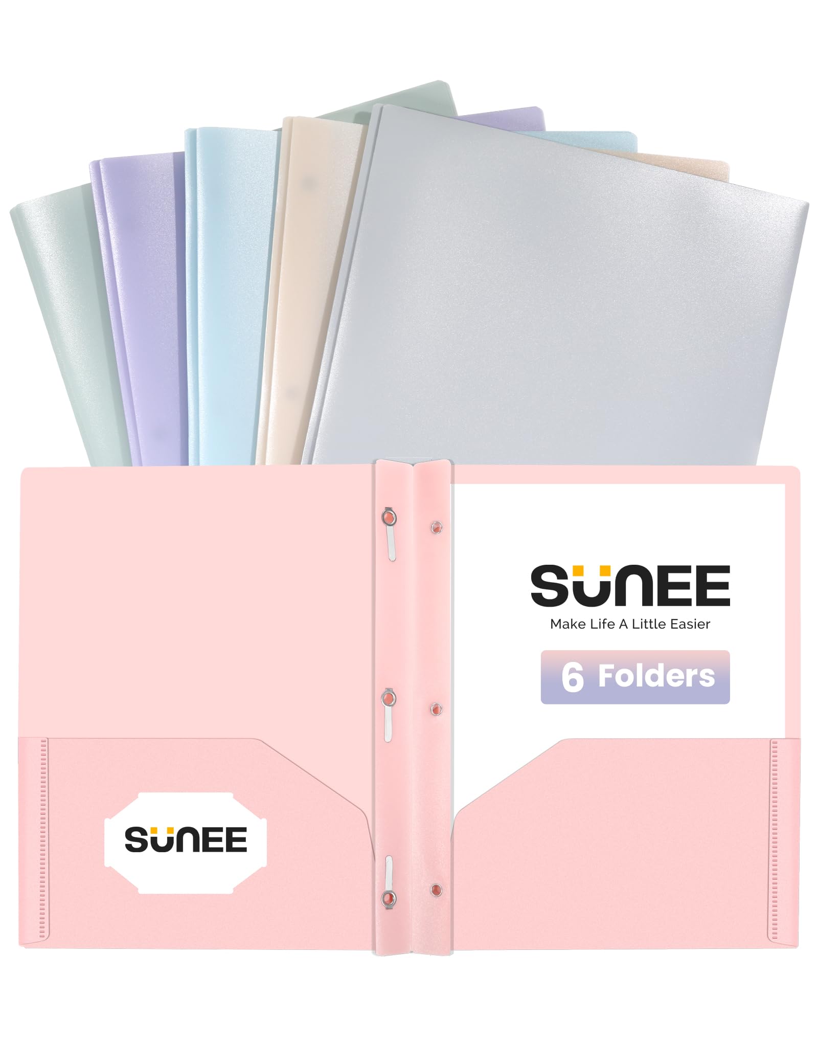 Photo 1 of SUNEE 3-Prong Plastic Folders with Pockets (6 Pack, Pastel Colors) 2 Pocket Folders with Fasteners, Tear-Resistant Plastic Pockets, and Fit Letter Size Paper, Use for School Office Home Business
