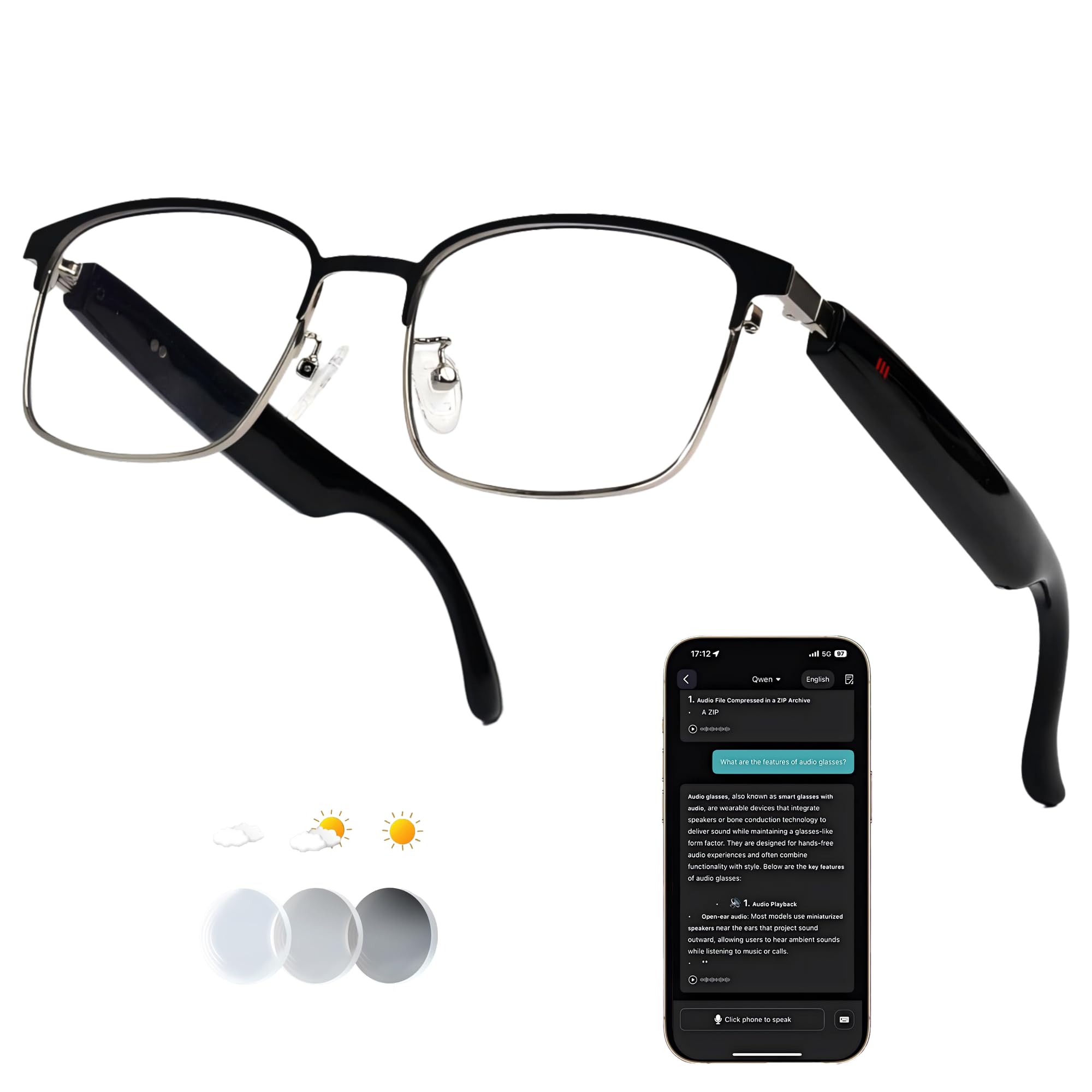 Photo 1 of MNVOEQAI Smart Wireless Bluetooth Translation Glasses with 140+ Languages Real-timeTranslation/Speakers for Men Women Translator Glasses with Color Changing Lenses Business/Travel/Sports/Wearing