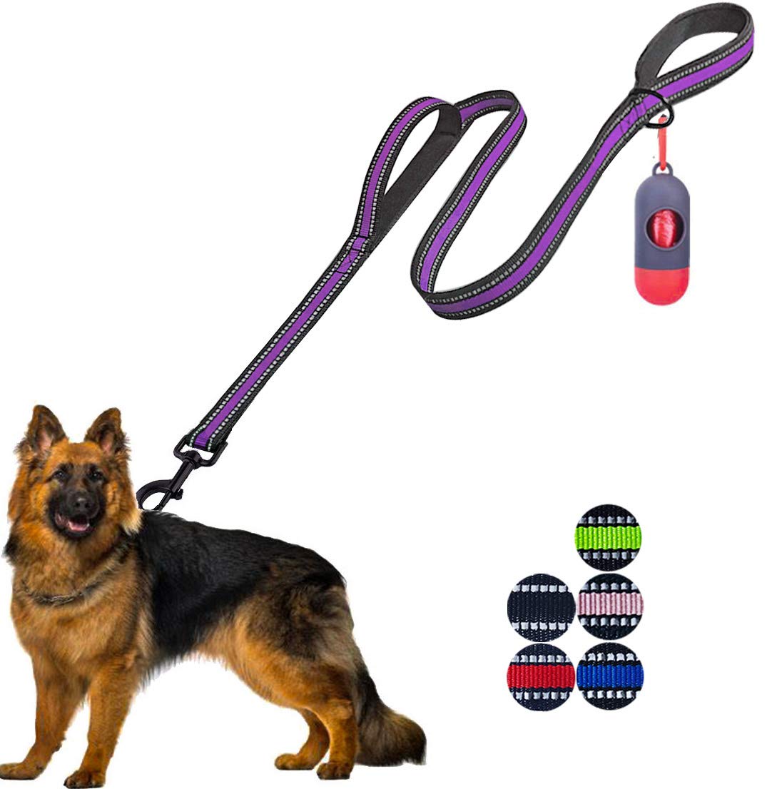 JSXD Heavy Duty Double Handle Dog Leash - 5 FT with Comfortable Padded and Reflective Rope, for Small to Large Dogs (Wide-Purple)