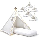 6 Pack Teepee Tent for Kids [Thickened], Kids Sleepover Teepee Tent Set | Slumber Party Tents with Light String and Inflatable Airbed, Sleepover Tents Party for Girls Boys Indoor Outdoor (White)