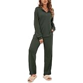 Ekouaer Womens Waffle Knit Pajama Set Long Sleeve Pj Lounge Set with Pocket | Soft Womens Loungewear,2 Piece Outfit Set,Button Pullover,Wide Pant Sleepwear for Sleep,Lounge,Fall