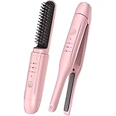 2Pcs Pink Cordless Portable Hair Straightener and Travel Hair Straightener Brush Set with Carrying Case, Hair Straightening Irons and Hot-Air Hair Brushes Set for Beauty and Personal Care