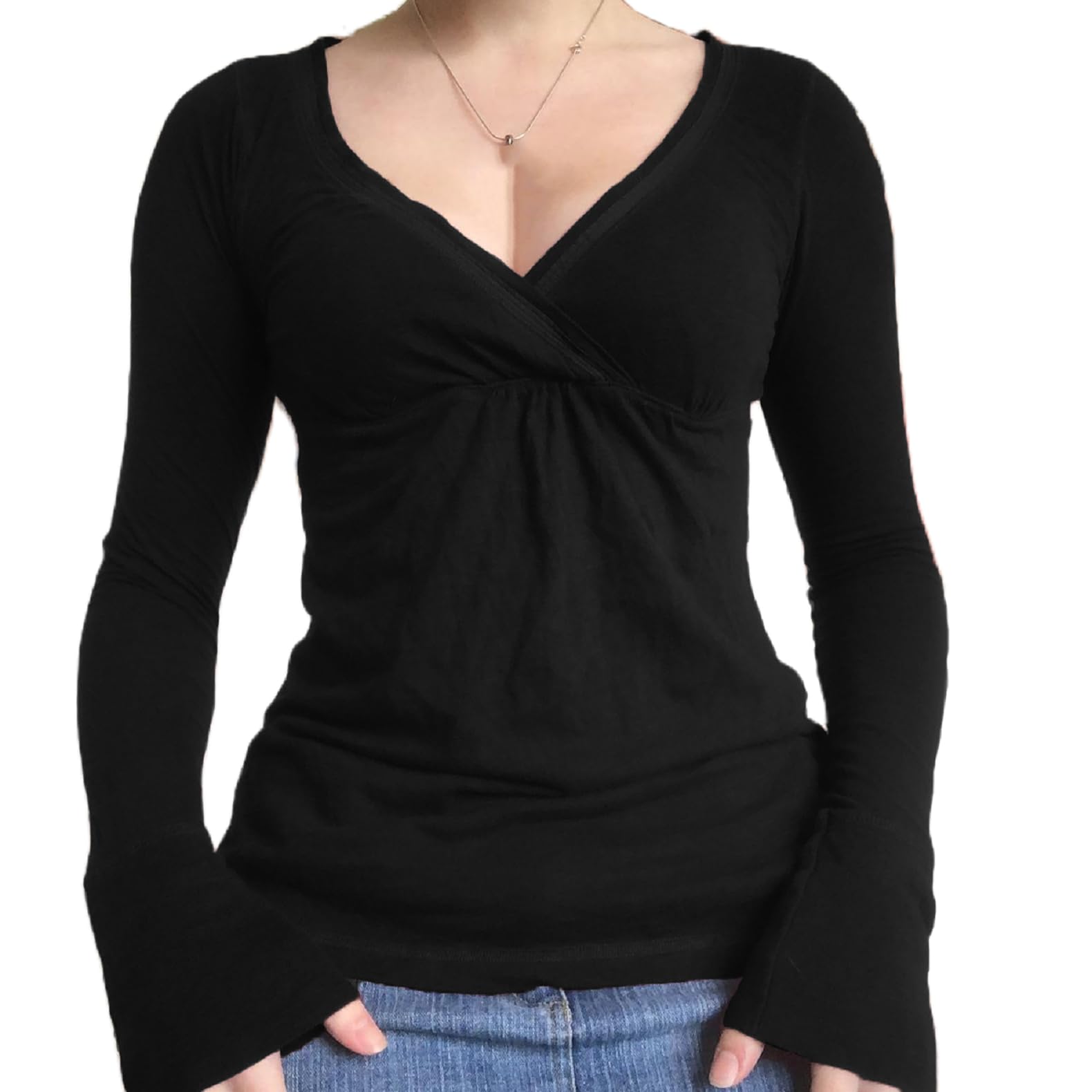 Photo 1 of Women Fairy Grunge Aesthetic Shirts Tops Long Sleeve V Neck Tops Girl Basic Slim Fit Blouse Streewear(I-Black,S)