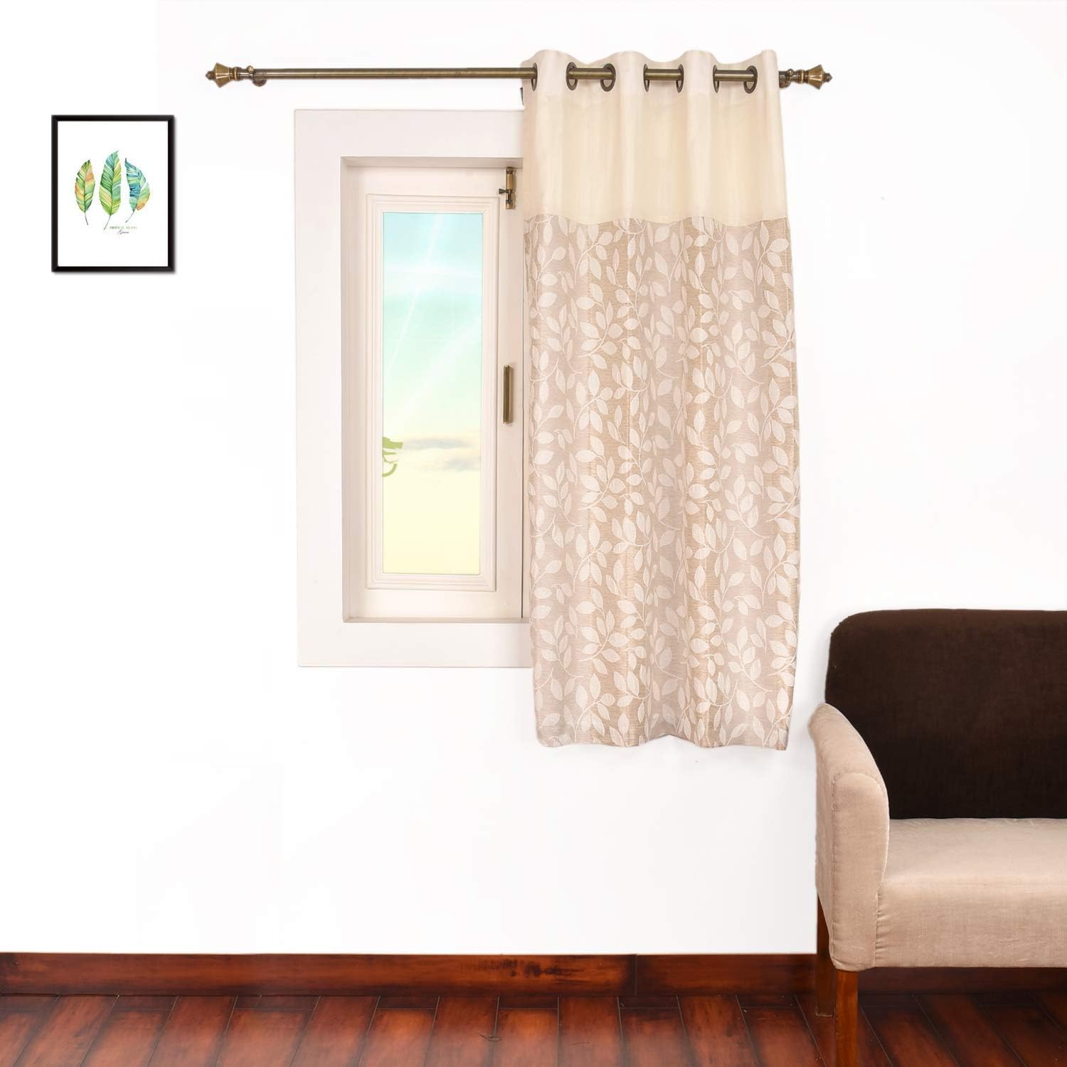 ARiANA Arrow Leaf 1 Piece Polyester Eyelet Window Curtain with Plain Lining - 5ft, Beige
