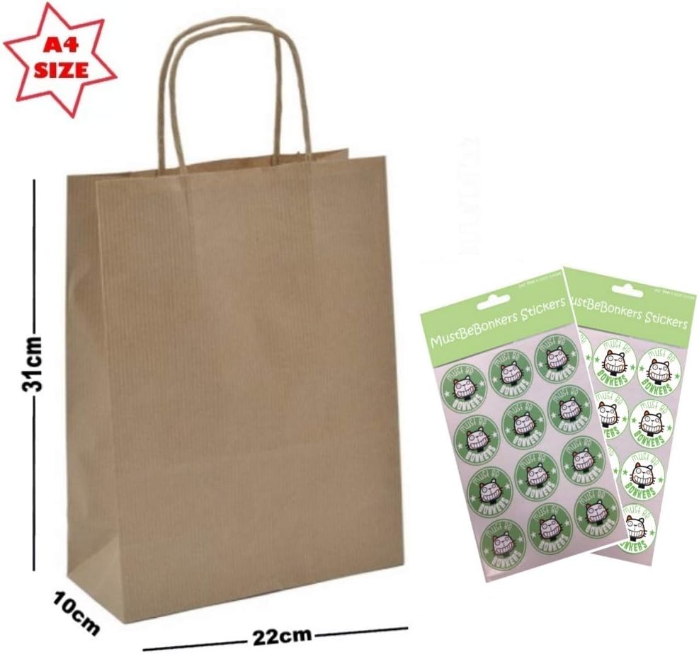 MustBeBonkers Kraft Tan A4 Paper Party Gift Bags With Seal Stickers - Boutique Shop Loot Carrier Bag - Pick Amount (30 Bags)