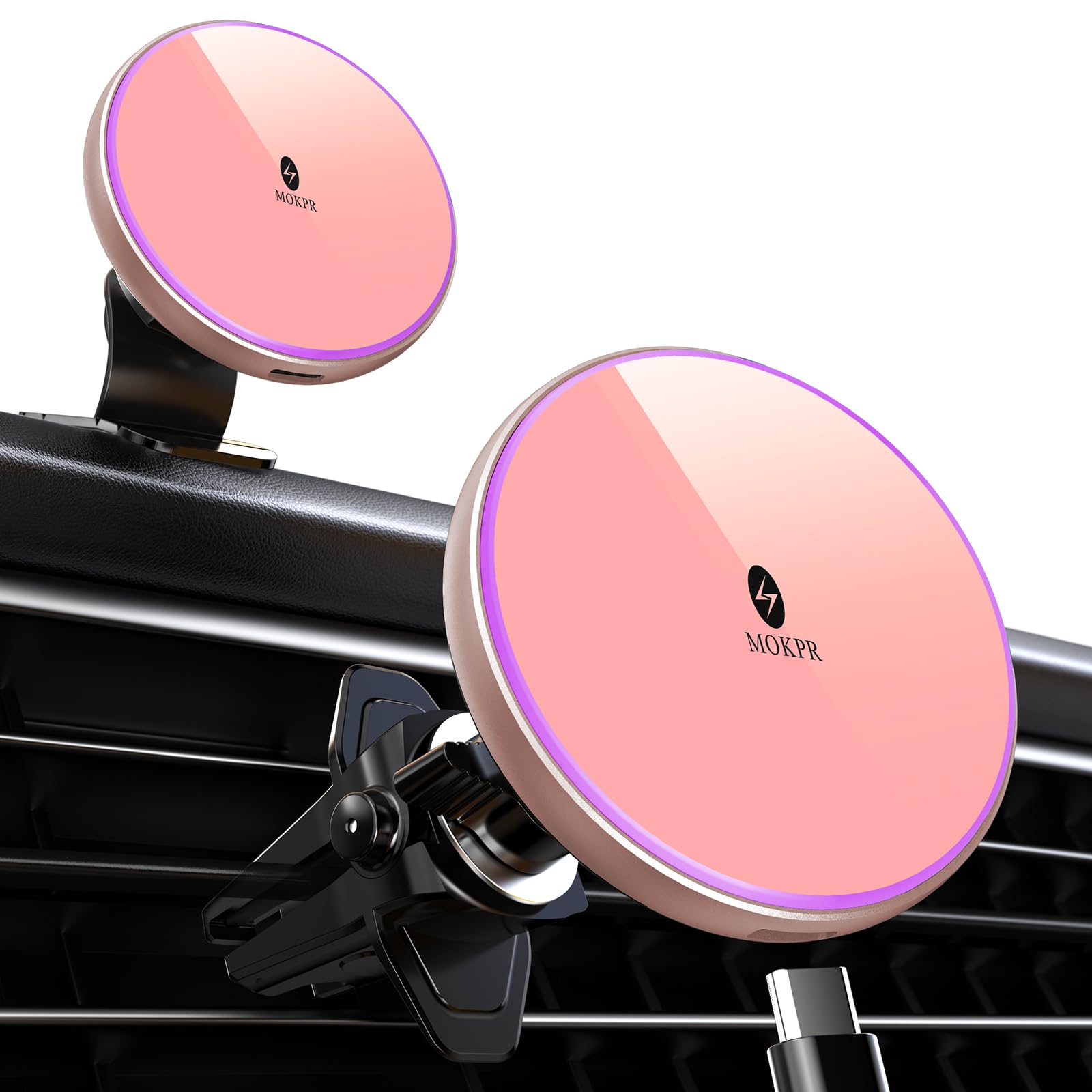 MOKPR for Magnetic Car Mount Charger-15W Wireless Car Charger-Magnetic Car Phone Holder for Dash Air Vent-LED RGB HandsFree Car Mount Fast Car Charger for iPhone 16 15/14/13/12 Pink