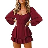 Fixmatti Women off Shoulder Rompers Lantern Long Sleeve Ruffle Tie Mini Shorts Jumpsuit