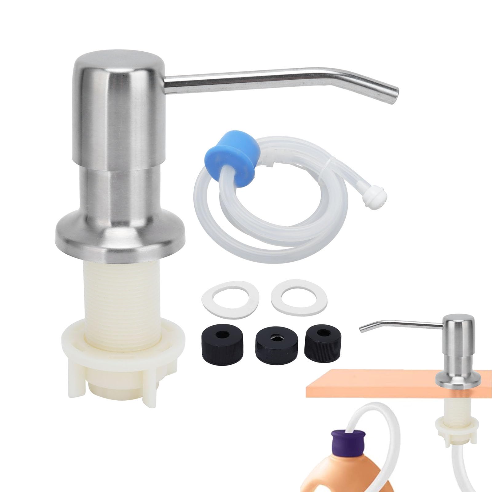 Soap Dispenser for Kitchen Sink, Countertop Built in Sink Soap Dispenser, Kitchen Sink Soap Dispenser, Stainless Steel Soap Pump Head Kit with Extension Tube