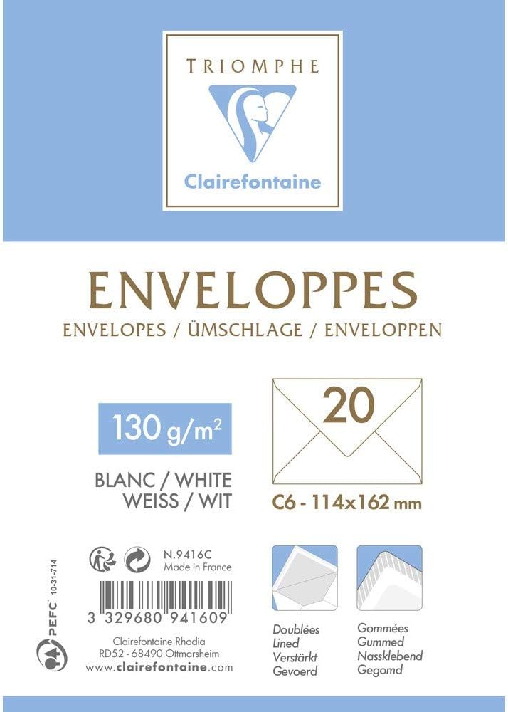 Clairefontaine 9416C, Pack of 20 White Lined Envelopes Triomphe C6 -114x162mm, Gummed, 130g/m², White Colour, Correspondence - Image 5