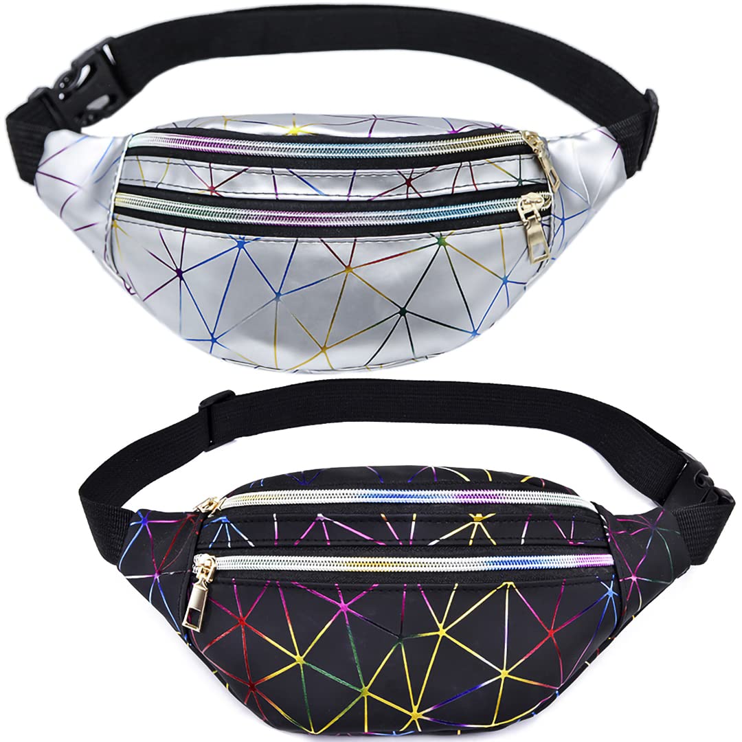 2 Pieces Shiny Holographic Fanny Pack, CKANDAY Sport Waterproof Waist Bag Grid Waistbag with Pouches and Adjustable Belt for Women Men Kids Traveling Running Festival Party, 2 Colors