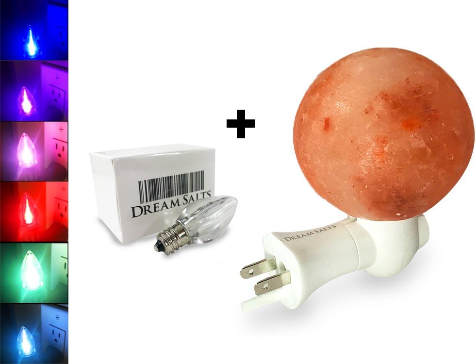 Dream Salts Himalayan Salt Night Light with LED Bulb/Natural Hand Carved Plugin/Beautiful Colorful Salt Lamp Air Ionizer for Bedroom Kitchen and Home (Sphere)