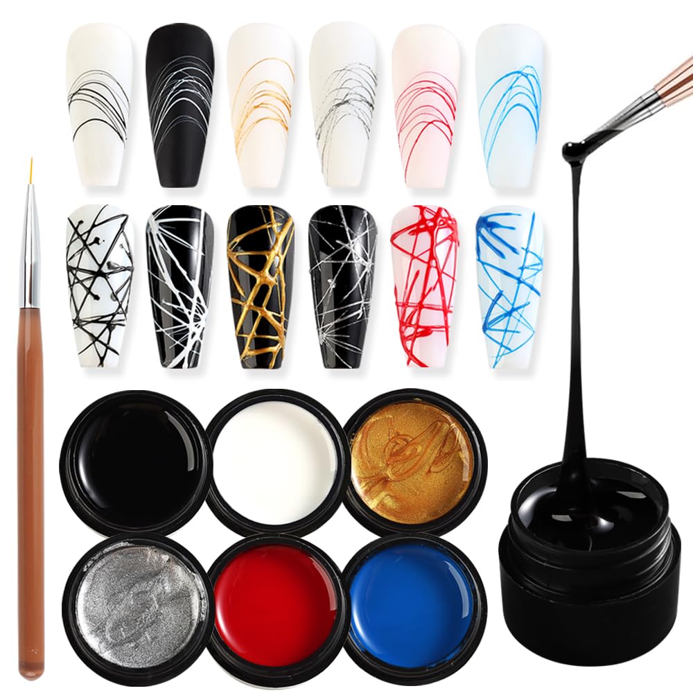 Photo 1 of SUTOKAKA 6 Colors Spider Gel Set, Elastic Drawing With Nail Art Brush, White Black Red Blue Gold Silver Paint Wire Drawing Polish Manicure DIY Nail Designs